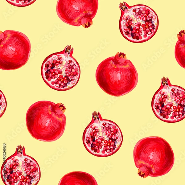 Fototapeta Seamless fruit pattern. Grenades painted with gouache.