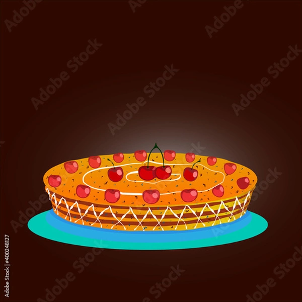 Fototapeta Layered cake decorated with cherries on a dark background.