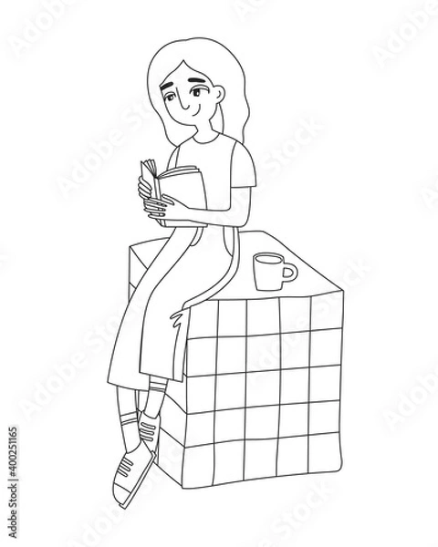 Fototapeta Hand-drawn vector illustration of girl reading a book. Illustration in cartoon style. Outline. For coloring book, greeting card and another print design.