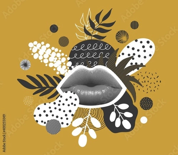 Obraz Abstract modern vector digital collage poster with lips and liquid circles shape with doodle element on background. Creative template for banner, fashion industry, design events, post in social media.