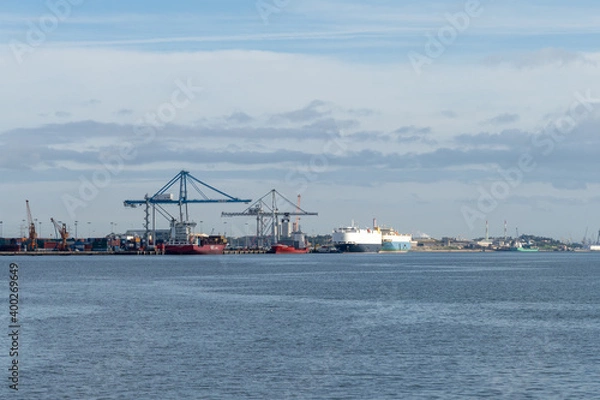 Fototapeta harbor cranes and industrial port in Setubal