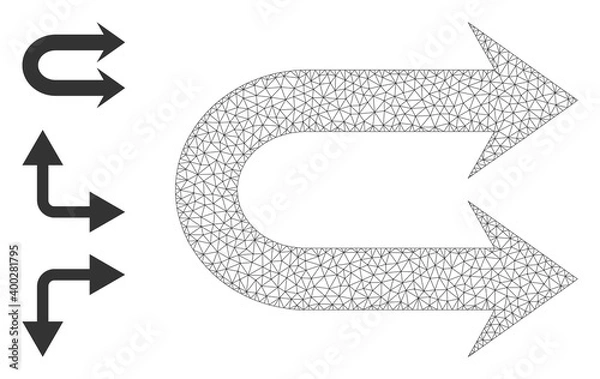 Obraz Mesh network double right arrow icon with simple carcass created from double right arrow vector graphics. Carcass mesh polygonal double right arrow. Wire carcass flat network in eps10 vector format.