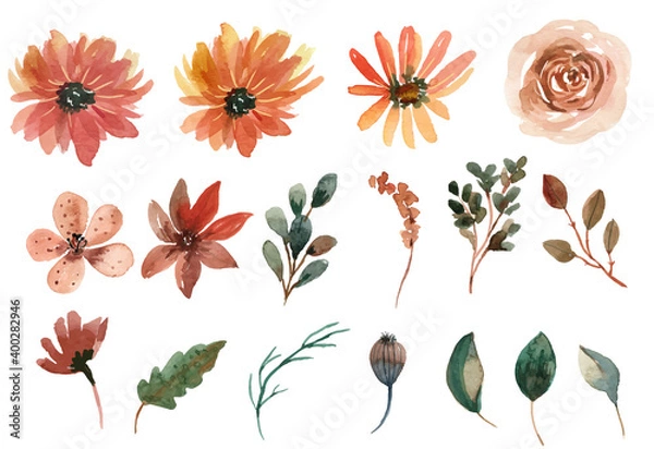 Fototapeta Orange and Cream Watercolor Floral Vector Collection