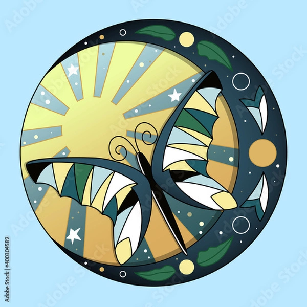 Fototapeta Circle illustration with the sun and a butterfly in art nouveau style.