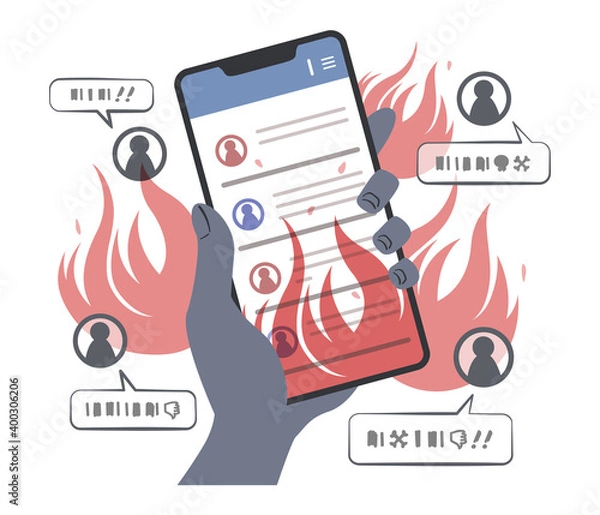 Obraz スマホで炎上するsnsの画面を見ている手元のイラスト（グレー）