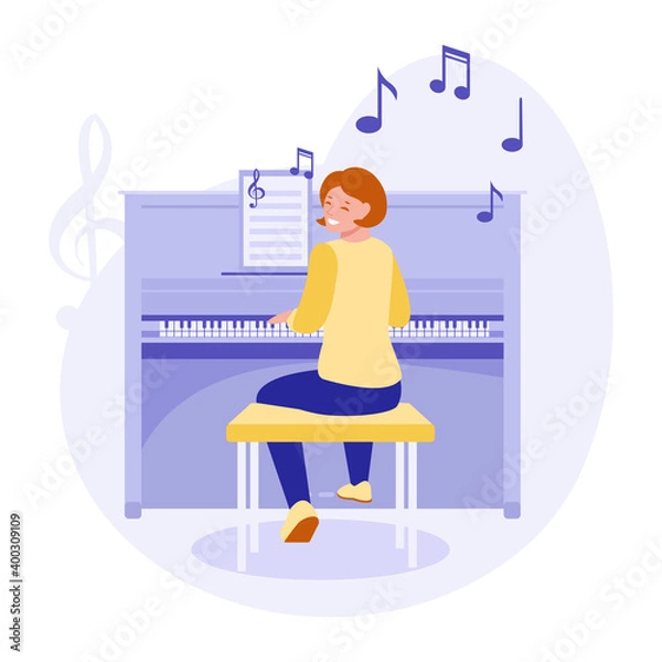 Fototapeta The girl plays the piano. Vector concept of playing musical instruments. Illustration in flat style.
