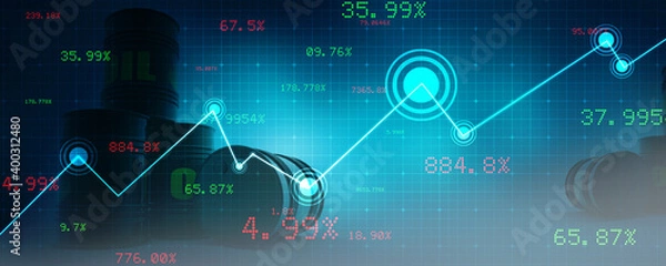 Obraz 3d illustration of oil barrels with a graphical representation of hiking price.