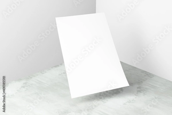 Fototapeta Flying blank sheet note paper on concrete corner floor