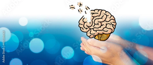 Obraz Women's hands holding a brain for mental health. Dementia, Alzheimer and Parkinson's.