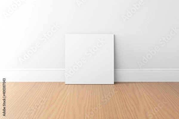 Fototapeta empty white square canvas with white wall and wood floor