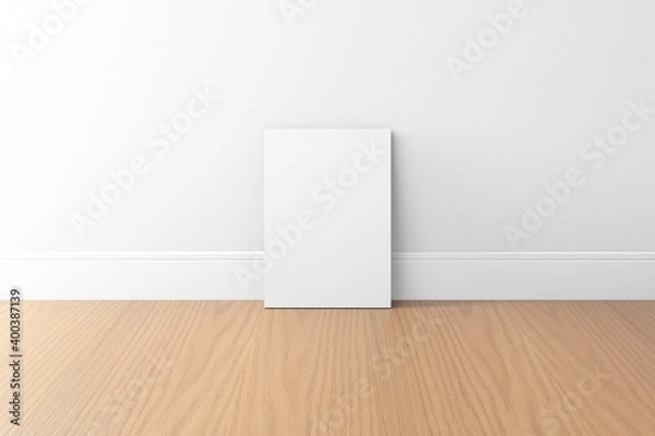 Fototapeta empty white a4 canvas with white wall and wood floor