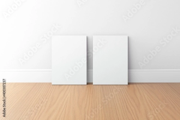 Fototapeta empty white set of 2 a4 canvas with white wall and wood floor