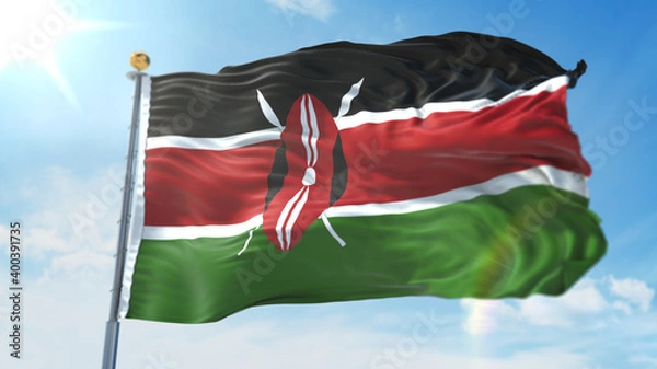 Fototapeta 4k 3D Illustration of the waving flag on a pole of country Kenya