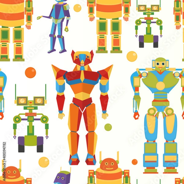 Obraz Seamless vector pattern with robots on a white background . Vector robots.