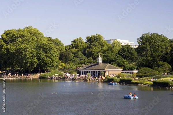 Fototapeta View across Serpentine Lake, Hyde Park with pedal boats.