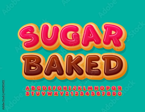 Fototapeta Vector sweet banner Sugar Baked. Delicious cake Font. Pink glazed Alphabet Letters and Numbers set