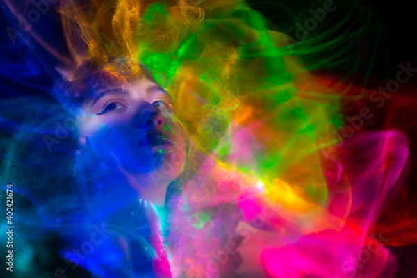 Fototapeta Lucid Dreaming series. Backdrop of human face and colorful fractal clouds on the subject of dreams, mind, spirituality, imagination and inner world