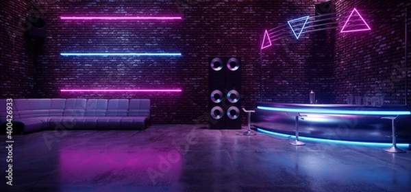 Fototapeta Sci Fi Neon Futuristic Retro Club Seat Chair Room Glowing Rectangle Lasers On Striped Wall Blue Purple Bar Gradient Vibrant Synth Wave Cyber Interior Stage Concrete Cement 3D Rendering