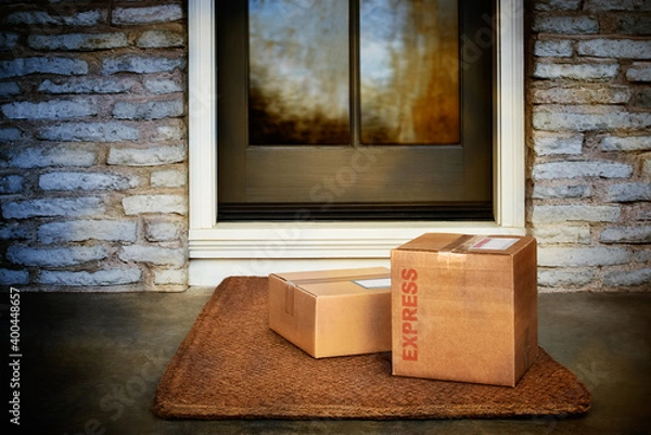Obraz Overnight express shipment; boxes to front door of home.