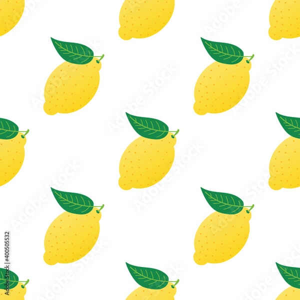 Fototapeta Fresh ripe lemons with green leaves vector seamless pattern background.
