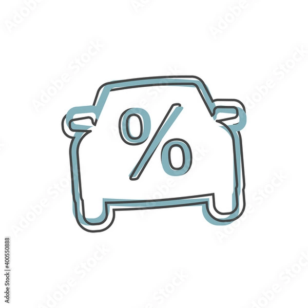 Fototapeta Vector car icon and percent sign. Loan symbol on cartoon style on white isolated background.