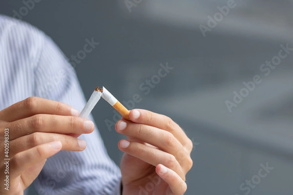 Obraz Close-up of man breaking cigarette on half.