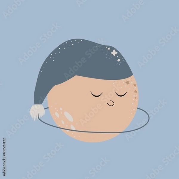 Fototapeta Vector illustration of a sleepy planet isolated on a blue background.Illustration of a planet in a cap for children's design