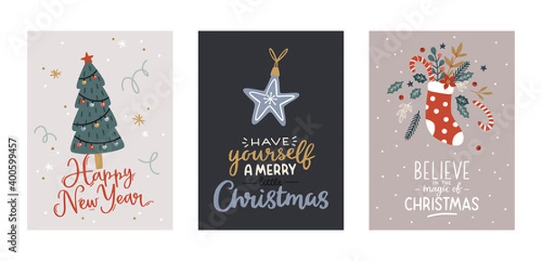 Obraz Christmas and Happy New Year greeting cards set with cute holiday elements. Vector hand drawn illustrations.