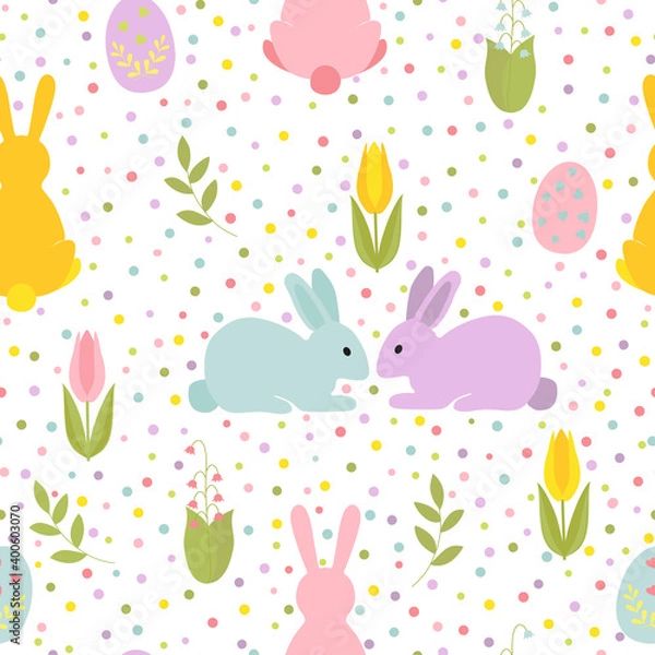 Fototapeta  Cartoon Easter bunnies and eggs with sprigs tulips. Seamless colorful vector pattern in flat style on a white background with multicolored polka dots.