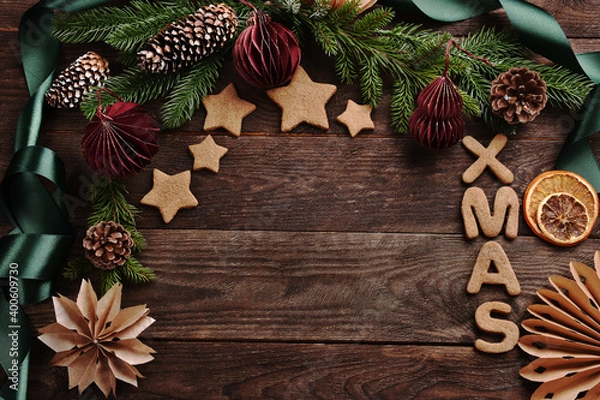 Obraz Christmas flat lay with gingerbread cookies and paper decors