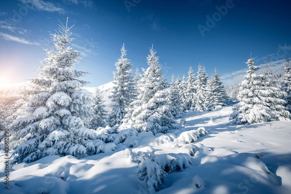Obraz Frosty day in snowy coniferous forest. Location place Carpathian mountains, Ukraine.