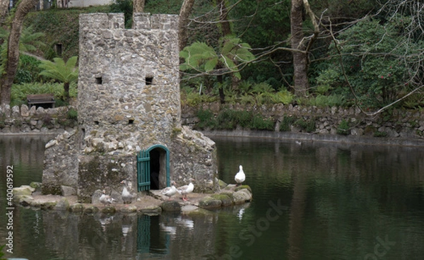 Obraz Ducks in a tower in the middle of the lake