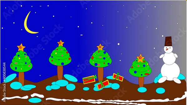 Obraz 
picture of New Year's magical landscape with Christmas trees and a snowman. Gifts. Evening with a starry sky and a moon.