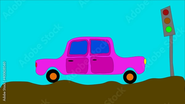 Obraz drawn pink car next to traffic light on blue background Web