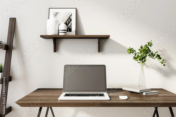 Fototapeta Modern designer workplace with laptop on wooden table.