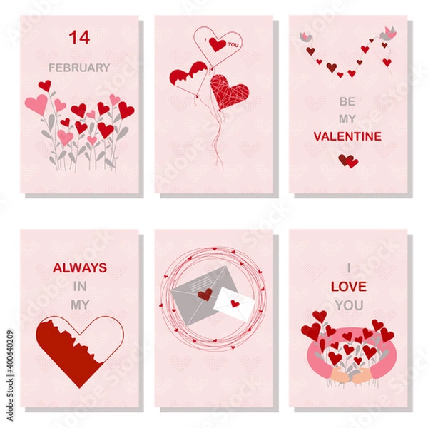Fototapeta Set of Valentine's day Greetings Cards with Hearts. Bouquet of Hearts, mail Letters and birds which are Bringing Lights. 14 February, be my Valentine.