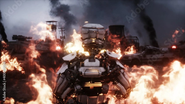Fototapeta Military robot in a burning ruined apocalyptic city. Armageddon view. Realistic fire simulation. Postapocalyptic.
