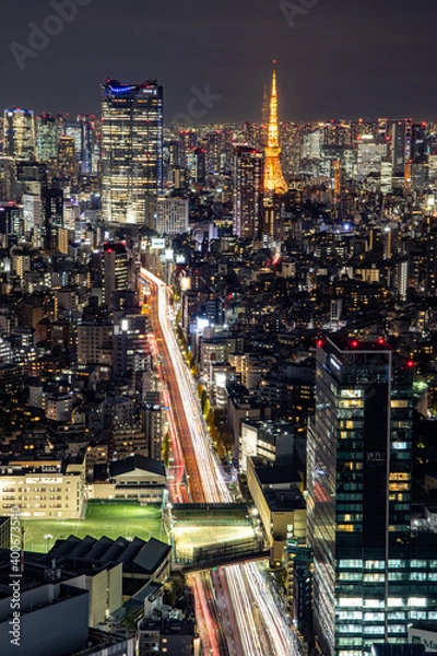 Obraz 都会の夜景　：　東京タワーと六本木ヒルズ