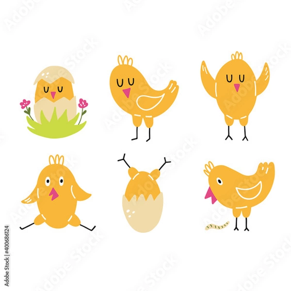 Fototapeta Chick set. Happy yellow baby chicken, doodle colorful baby birds in different poses, poultry farm cute creature, cartoon minimalistic style collection, easter symbol vector simple flat isolated set