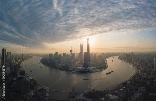 Fototapeta Aerial view of the sunrise in Lujiazui, the financial district in Shanghai, China.