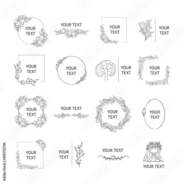 Fototapeta Vector isolated elegant foliage wedding badges. Hand drawn branding frames with flowers and floral branches for invitation cards. 