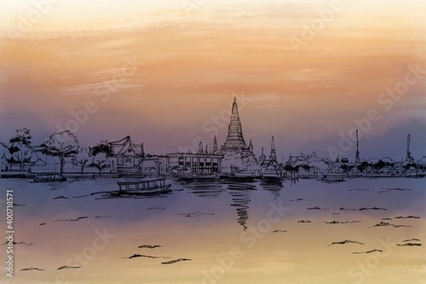 Fototapeta A hand-drawn of Wat Arun, Bangkok Thailand, white pencil line on watercolour background, with the word 'Wat Arun'