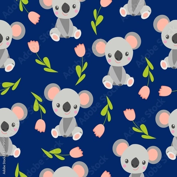 Fototapeta Seamless pattern with koala babies and pink flowers. Blue background. Floral ornament. Flat cartoon style. Cute and funny. For kids postcards, textile, wallpaper and wrapping paper. Spring and summer