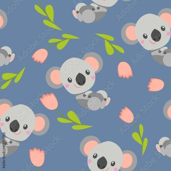 Fototapeta Seamless pattern with smiling koala baby and pink tulips. Blue gray background. Flat cartoon style. Cute and funny. For postcards, textile, wallpaper and wrapping paper. Summer and spring ornament