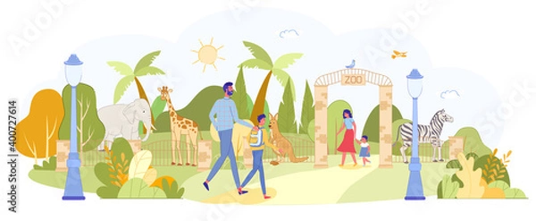 Fototapeta Parent with Children Visiting Zoo with Wild Animal