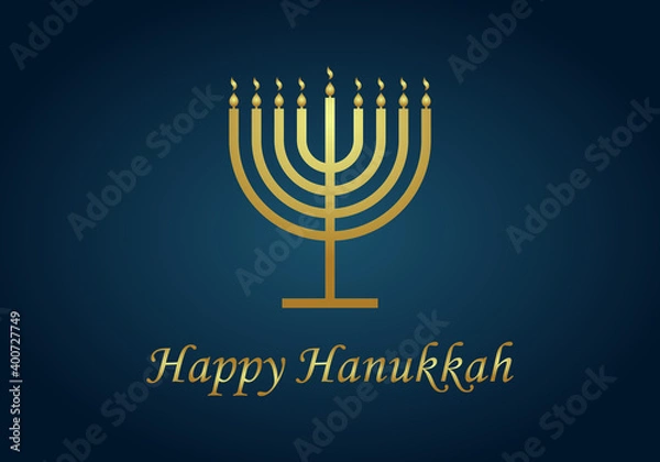 Fototapeta Happy hanukkah. Gold menorah of hanuka on blue background. Jewish chanukah with menora, candles and oil. Card for judaism festival or party. Banner of hannukah. Hebrew illustration with text. Vector