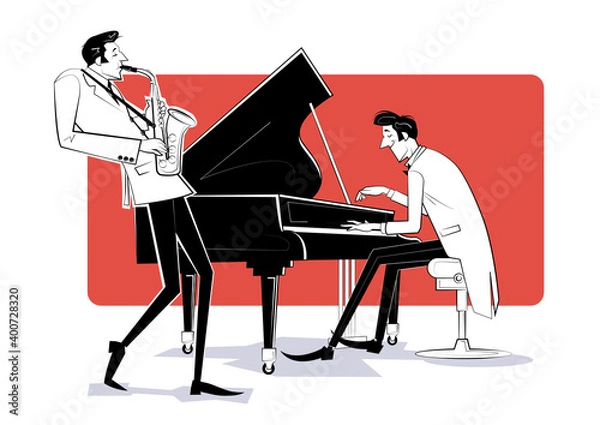 Fototapeta Vector illustration of a Jazz band with saxophon and piano on red background.