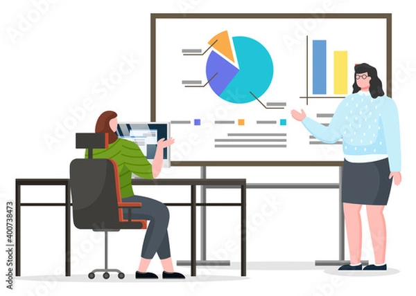 Obraz Woman sitting by table and working on computer. Manager and office worker have appointment about financial report. Analytics graph and diagrams on big board. Vector illustration in flat style