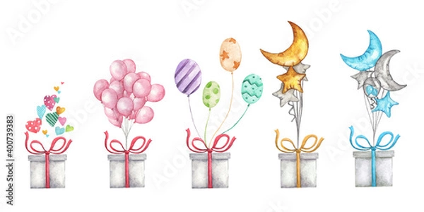 Fototapeta Cute watercolor romantic illustration set of design elements for Valentine's Day. Gift box with balloons.