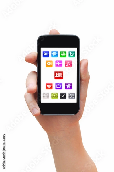 Obraz Hand holding smartphone with applications icons